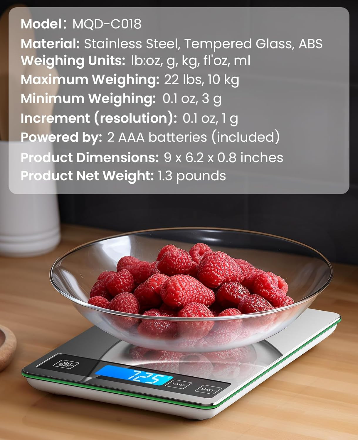 Food Scale, 22Lb Digital Kitchen Scale Weight Grams and Oz for Cooking Baking, 1G/0.1Oz Precise Graduation, Stainless Steel and Tempered Glass
