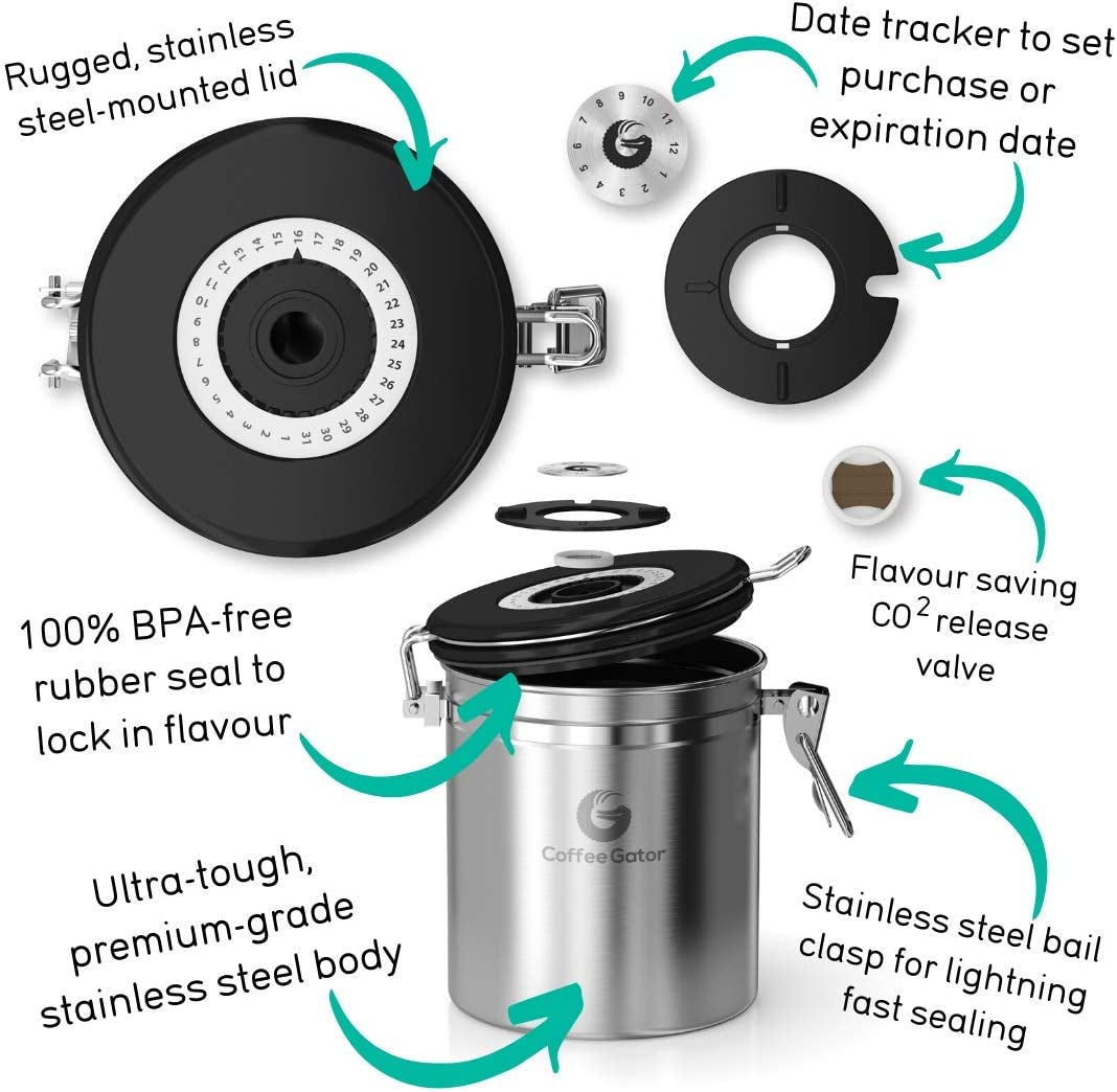 Coffee Canister – 6” Stainless Steel Airtight Coffee Containers for Ground Coffee W/ Date Tracker, Co2-Release Valve, Measuring Scoop & Travel Jar - Medium, Gray